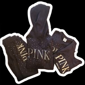 PINK Victoria's Secret- Black Studded Hoodie, Jogger & Tee Set